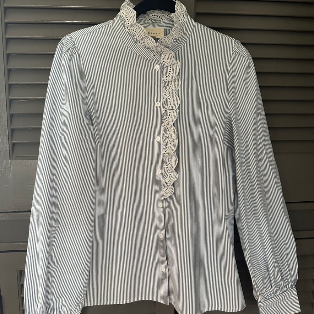 Sezane Chlo Shirt: Stripes Ecru / Blue Size 4